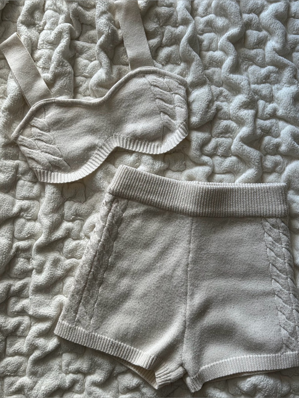 Princess Polly Cream Knit Loungewear Bra Top & Biker Short Set, Size XS/S